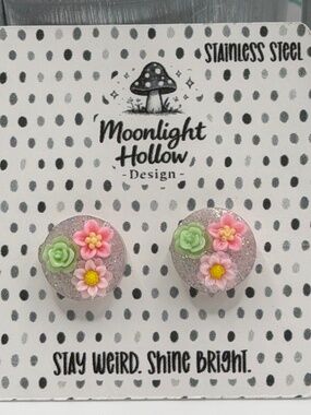 Floral Glitter Stud Earrings Handmade Pastel Cottagecore Aesthetic